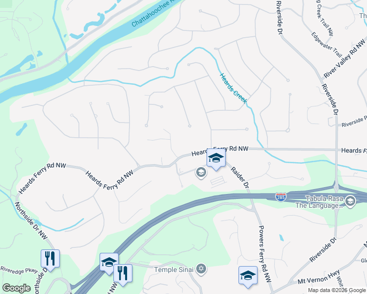 map of restaurants, bars, coffee shops, grocery stores, and more near 1005 Heards Ferry Road Northwest in Atlanta