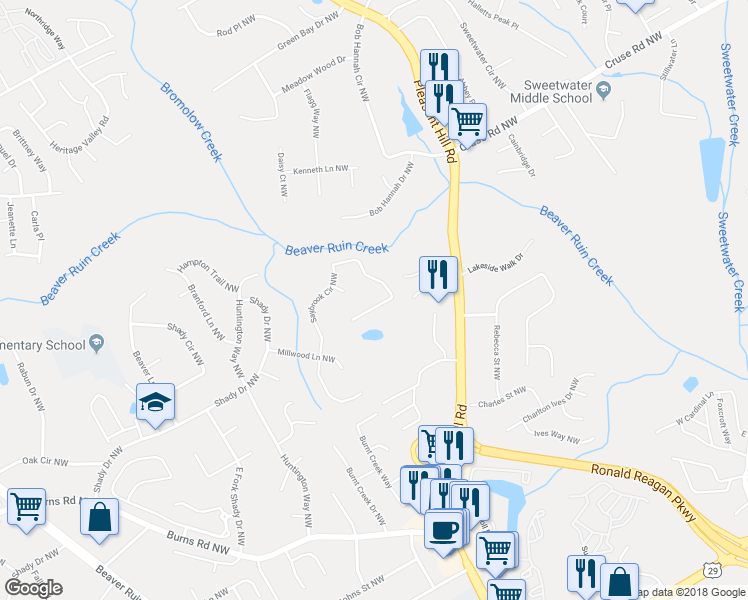 map of restaurants, bars, coffee shops, grocery stores, and more near 1087 Saybrook Circle Northwest in Lilburn