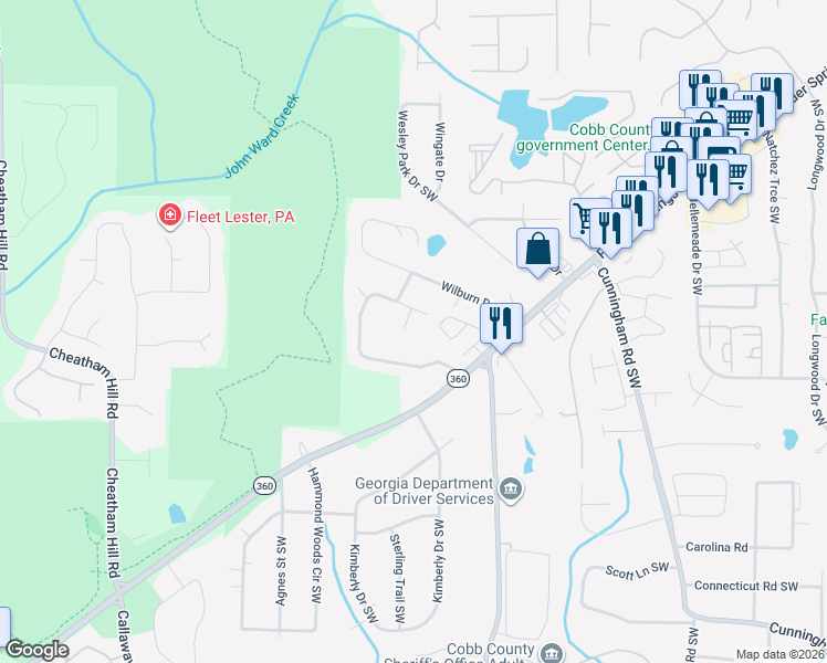 map of restaurants, bars, coffee shops, grocery stores, and more near 1432 Murray Court Southwest in Marietta