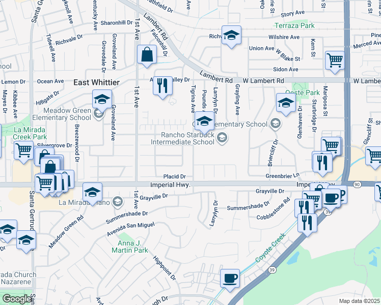 map of restaurants, bars, coffee shops, grocery stores, and more near 12215 Tigrina Avenue in Whittier