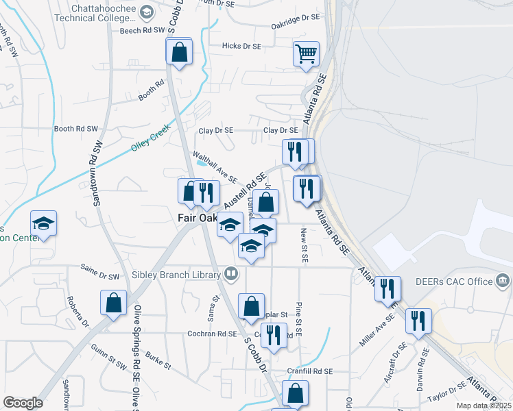 map of restaurants, bars, coffee shops, grocery stores, and more near 1373 Darnell Road Southeast in Marietta