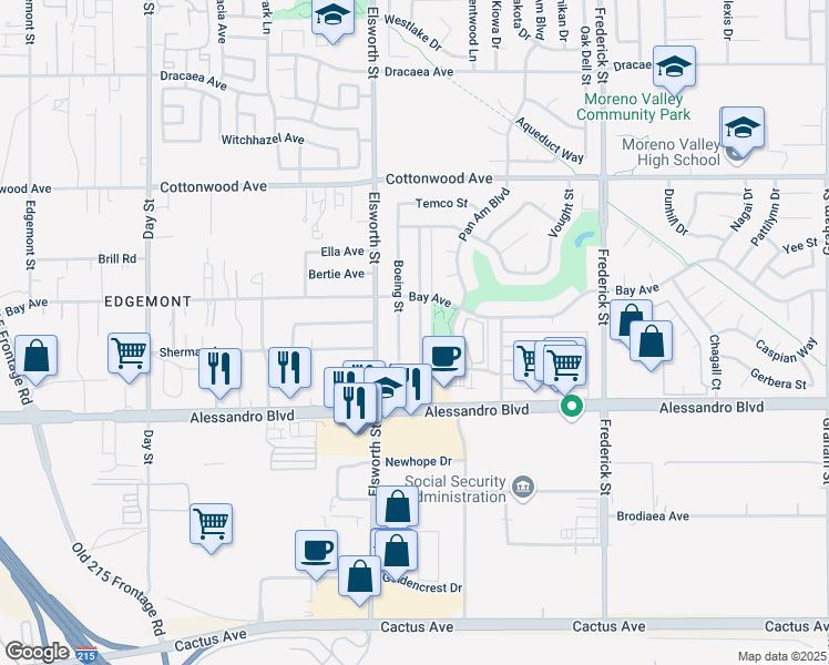 map of restaurants, bars, coffee shops, grocery stores, and more near 13833 McDonnell St in Moreno Valley