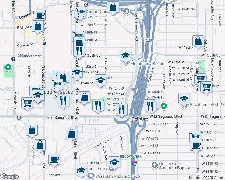 map of restaurants, bars, coffee shops, grocery stores, and more near 5336 West 124th Place in Hawthorne