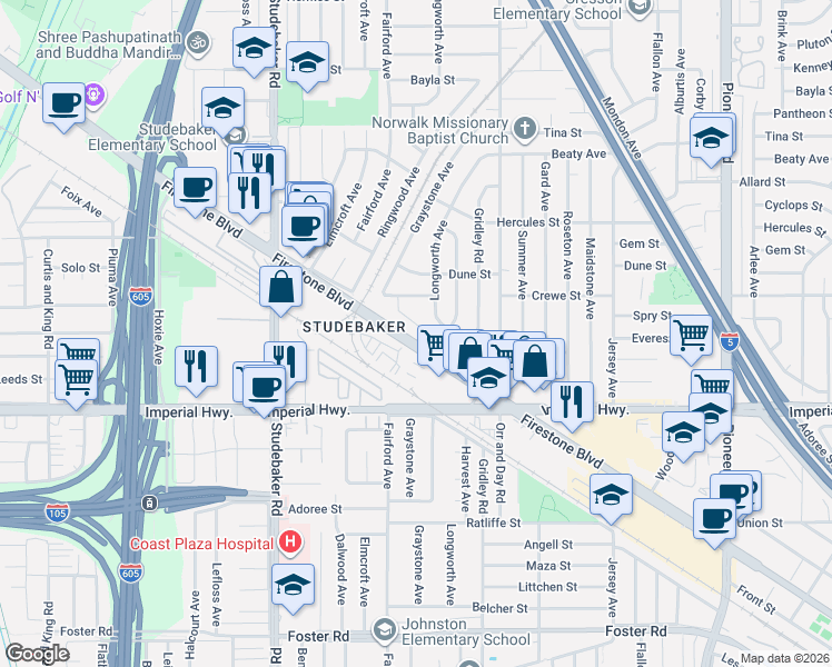 map of restaurants, bars, coffee shops, grocery stores, and more near 12251 Graystone Avenue in Norwalk