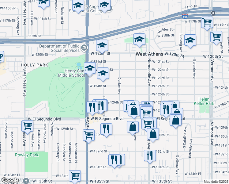 map of restaurants, bars, coffee shops, grocery stores, and more near 1617 West 125th Street in Los Angeles