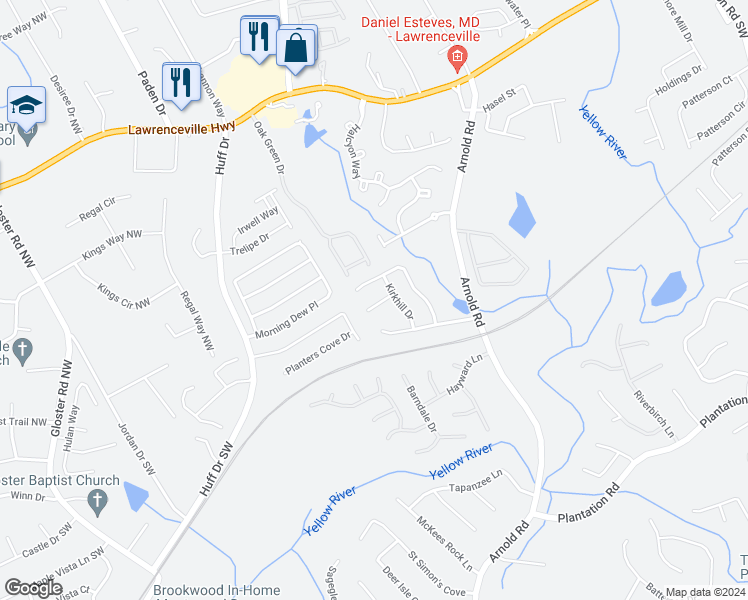 map of restaurants, bars, coffee shops, grocery stores, and more near 2647 Kirkhill Court Northwest in Lawrenceville