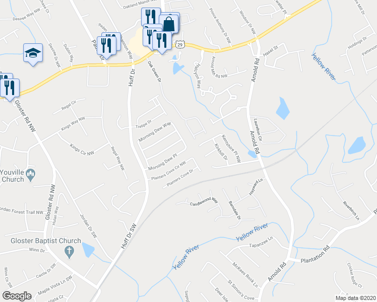 map of restaurants, bars, coffee shops, grocery stores, and more near 2312 Morning Dew Place in Lawrenceville