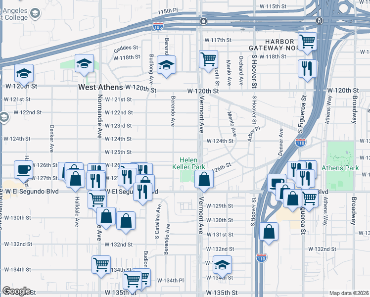 map of restaurants, bars, coffee shops, grocery stores, and more near 1031 W 125th St in Los Angeles