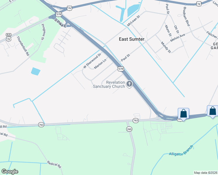 map of restaurants, bars, coffee shops, grocery stores, and more near 1032 Nottingham Drive in Sumter
