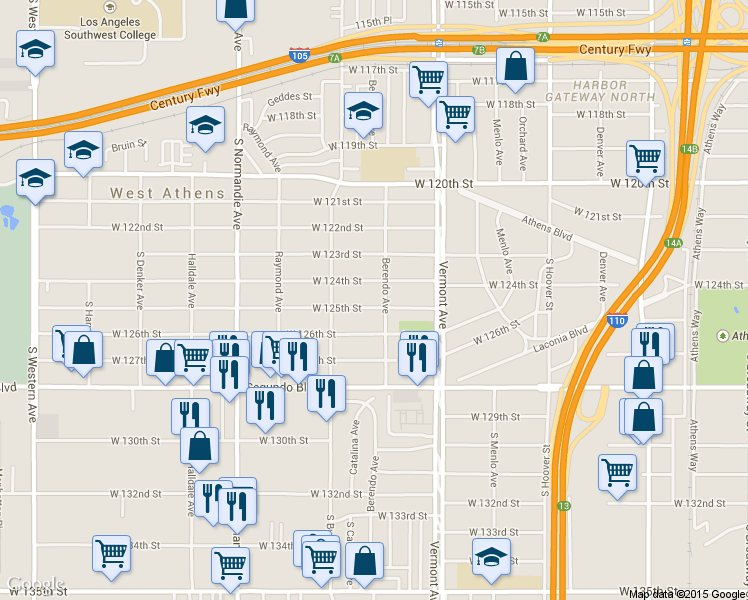 map of restaurants, bars, coffee shops, grocery stores, and more near 1115 West 125th Street in Los Angeles