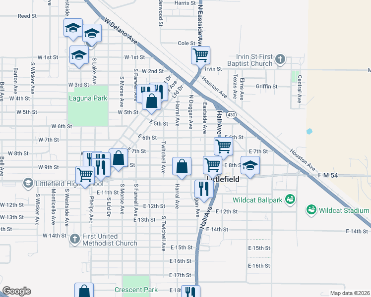 map of restaurants, bars, coffee shops, grocery stores, and more near 715 East 7th Street in Littlefield
