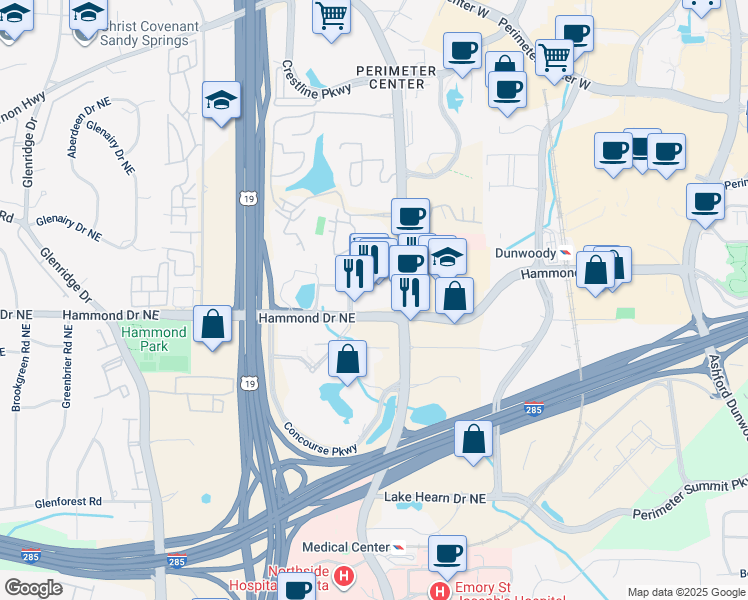 map of restaurants, bars, coffee shops, grocery stores, and more near 1100 Hammond Drive in Atlanta