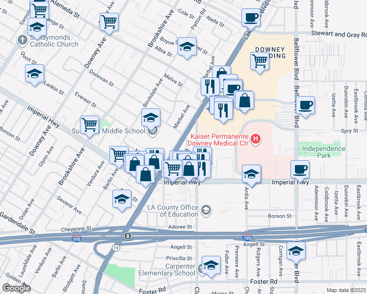 map of restaurants, bars, coffee shops, grocery stores, and more near 12433 Rose Avenue in Downey
