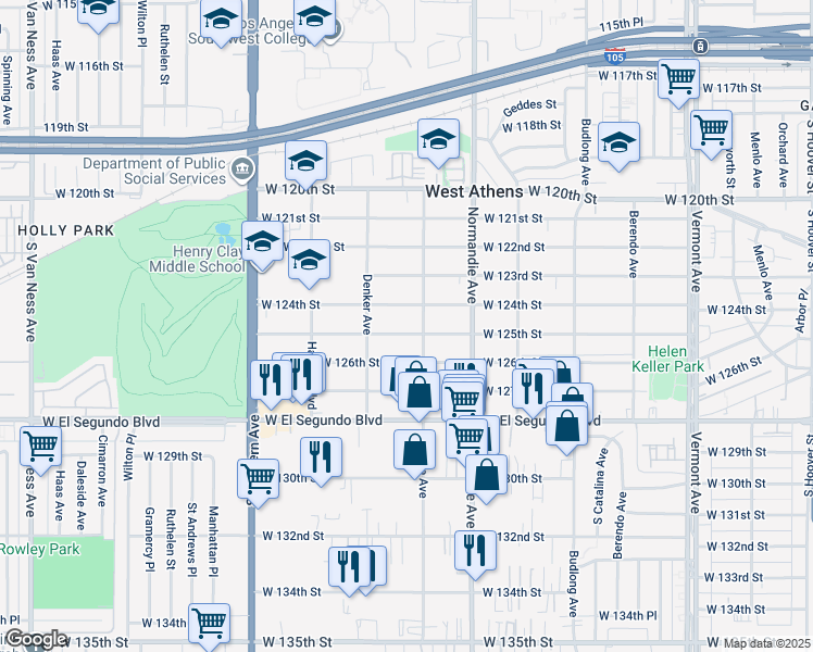 map of restaurants, bars, coffee shops, grocery stores, and more near 1519 West 125th Street in Los Angeles