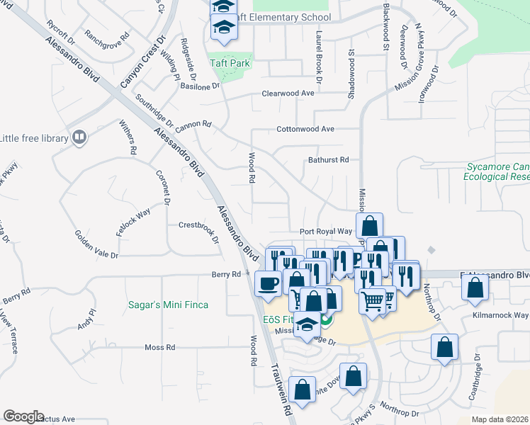map of restaurants, bars, coffee shops, grocery stores, and more near 136 Sandpoint Lane in Riverside