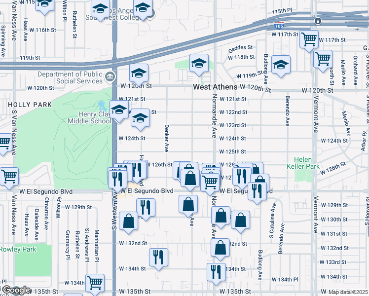map of restaurants, bars, coffee shops, grocery stores, and more near 1519 West 125th Street in Los Angeles