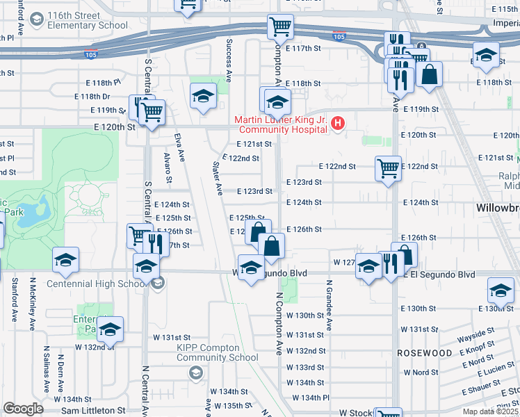 map of restaurants, bars, coffee shops, grocery stores, and more near 1514 East 124th Street in Los Angeles