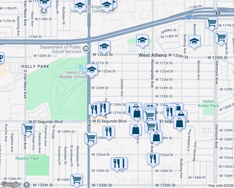map of restaurants, bars, coffee shops, grocery stores, and more near 1617 West 125th Street in Los Angeles