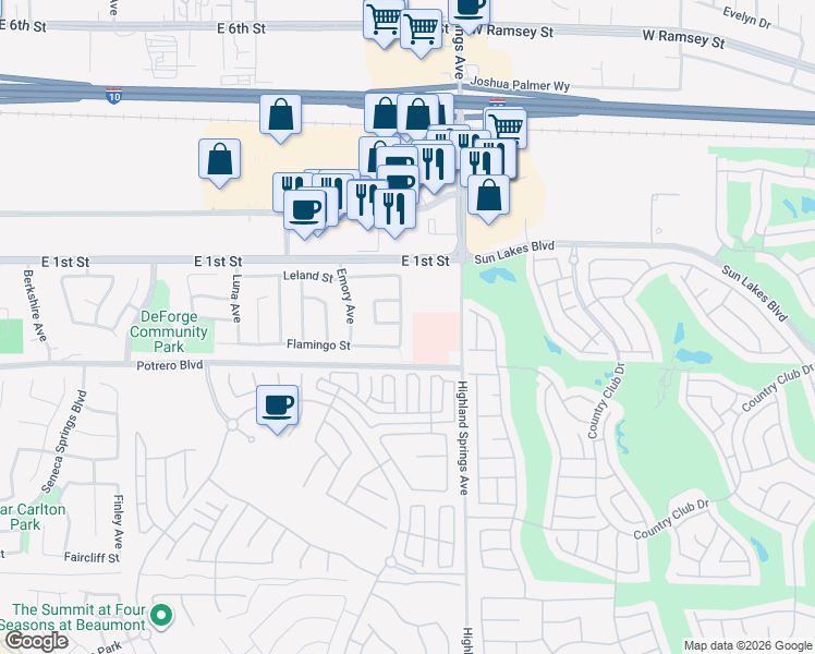 map of restaurants, bars, coffee shops, grocery stores, and more near 78 Cold Spring Avenue in Beaumont