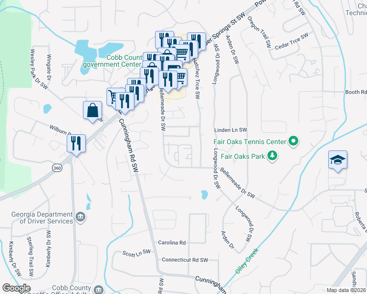 map of restaurants, bars, coffee shops, grocery stores, and more near 1394 Old Coach Road Southwest in Marietta