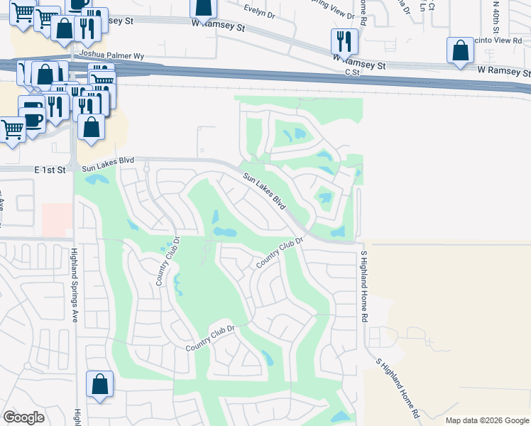 map of restaurants, bars, coffee shops, grocery stores, and more near West Plain Field Drive in Banning