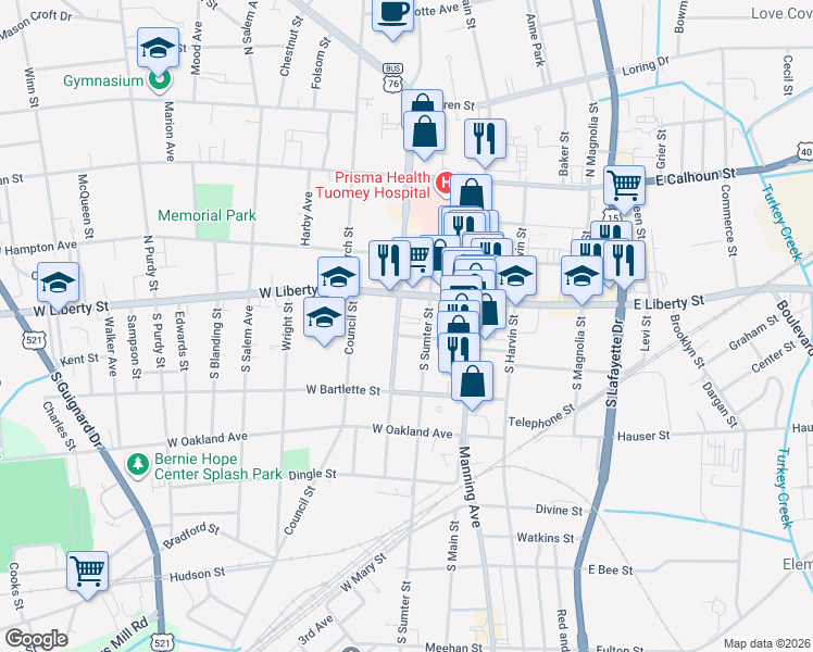 map of restaurants, bars, coffee shops, grocery stores, and more near 11 South Washington Street in Sumter