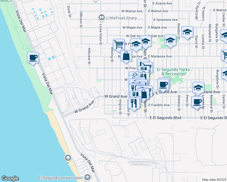 map of restaurants, bars, coffee shops, grocery stores, and more near 320 Whiting Street in El Segundo