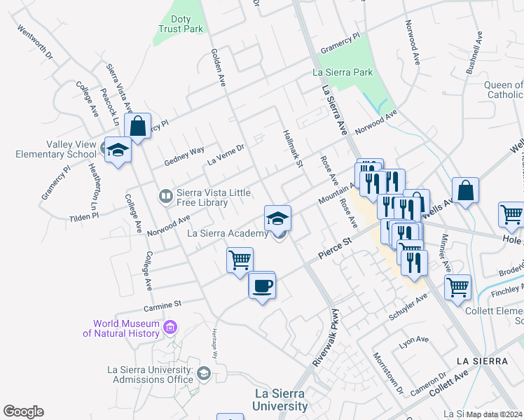 map of restaurants, bars, coffee shops, grocery stores, and more near 11335 Doverwood Drive in Riverside