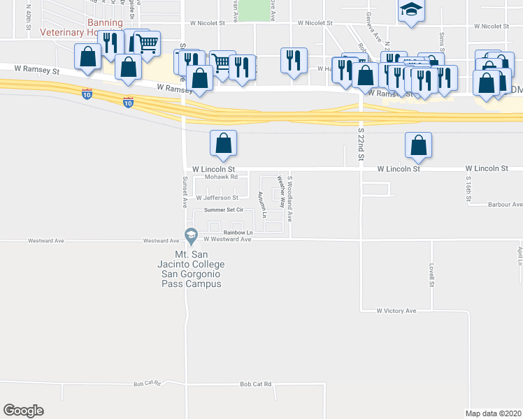 map of restaurants, bars, coffee shops, grocery stores, and more near 655 Autumn Way in Banning
