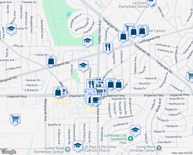 map of restaurants, bars, coffee shops, grocery stores, and more near 14155 Placid Drive in Whittier