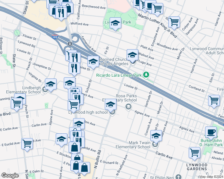 map of restaurants, bars, coffee shops, grocery stores, and more near 3700 Josephine Street in Lynwood