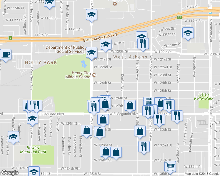 map of restaurants, bars, coffee shops, grocery stores, and more near 1653 West 125th Street in Los Angeles