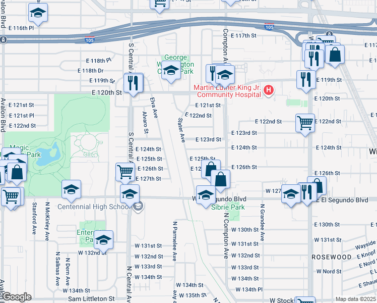 map of restaurants, bars, coffee shops, grocery stores, and more near 12402 Slater Avenue in Compton