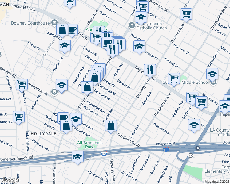 map of restaurants, bars, coffee shops, grocery stores, and more near 8129 Comolette Street in Downey