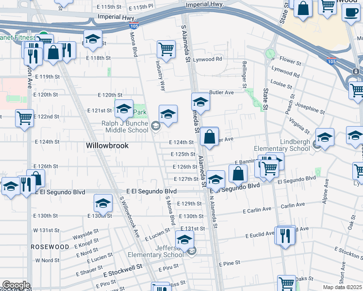 map of restaurants, bars, coffee shops, grocery stores, and more near 2618 East 124th Street in Compton