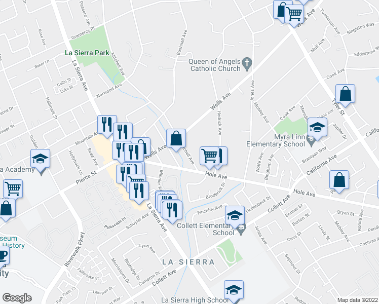 map of restaurants, bars, coffee shops, grocery stores, and more near 4729 Mitchell Avenue in Riverside