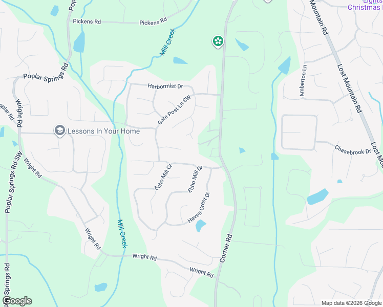 map of restaurants, bars, coffee shops, grocery stores, and more near 1390 Corner Road in Powder Springs
