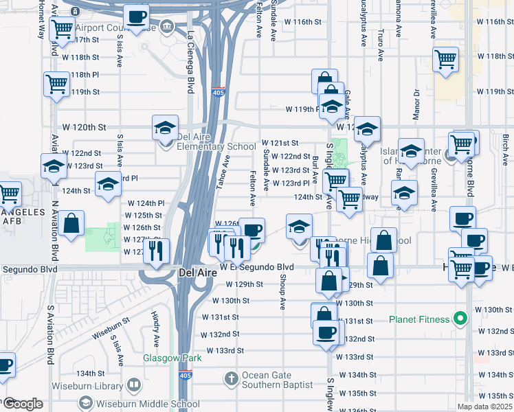 map of restaurants, bars, coffee shops, grocery stores, and more near 12412 Felton Avenue in Hawthorne
