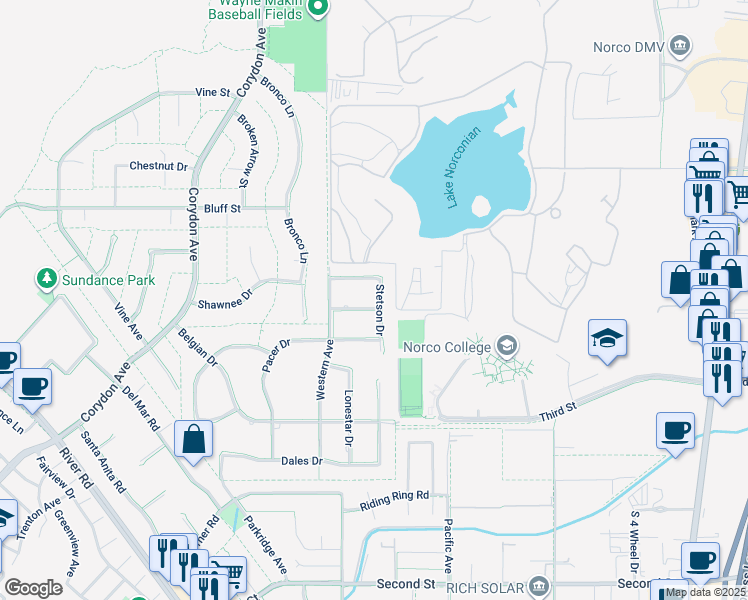 map of restaurants, bars, coffee shops, grocery stores, and more near 3023 Arapaho St in Norco