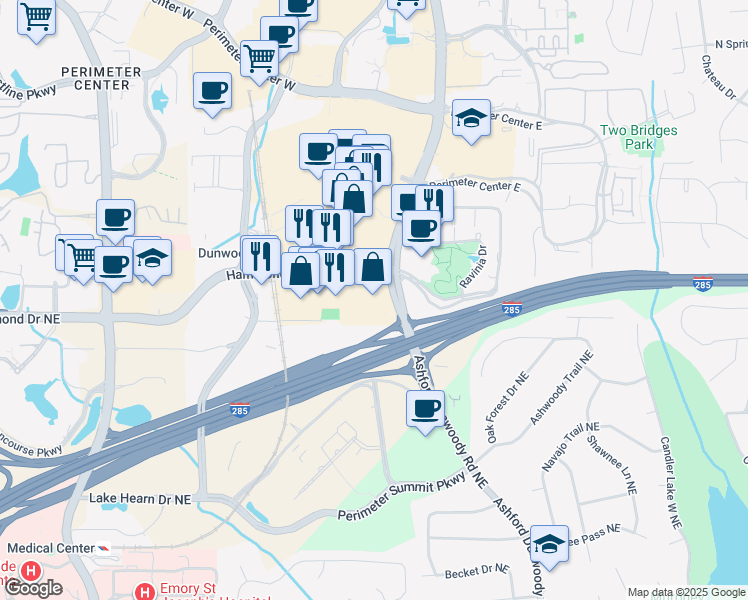 map of restaurants, bars, coffee shops, grocery stores, and more near 1201 Hammond Drive in Dunwoody
