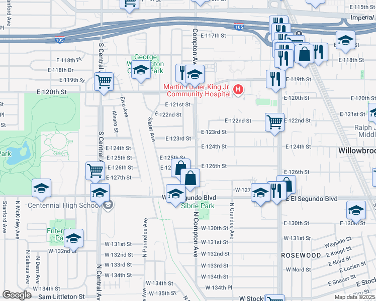 map of restaurants, bars, coffee shops, grocery stores, and more near 1530 East 124th Street in Los Angeles