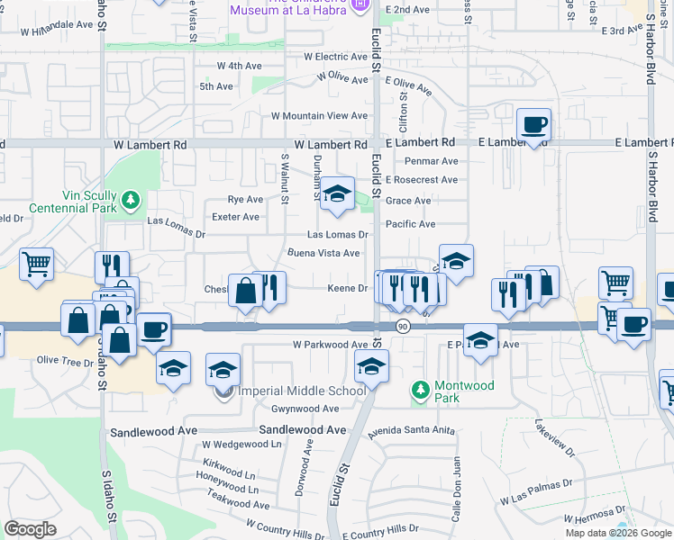 map of restaurants, bars, coffee shops, grocery stores, and more near 1010 Jaffrey Street in La Habra