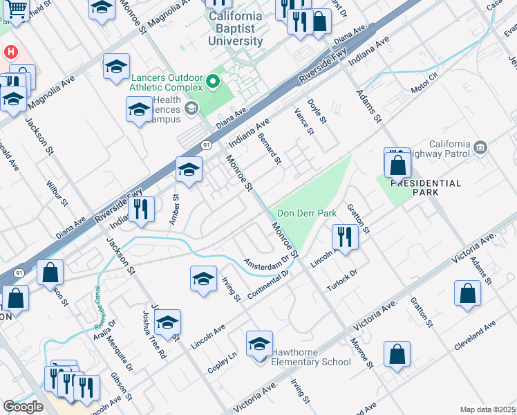 map of restaurants, bars, coffee shops, grocery stores, and more near 3200 Monroe Street in Riverside