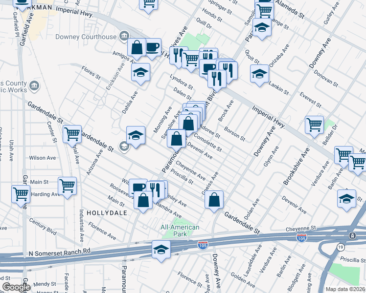 map of restaurants, bars, coffee shops, grocery stores, and more near 12912 Paramount Boulevard in Downey