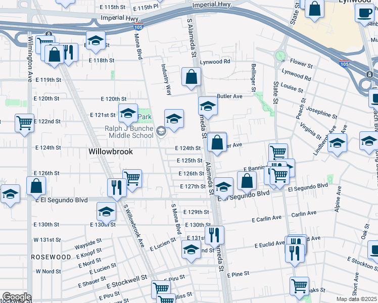 map of restaurants, bars, coffee shops, grocery stores, and more near 2622 East 124th Street in Compton