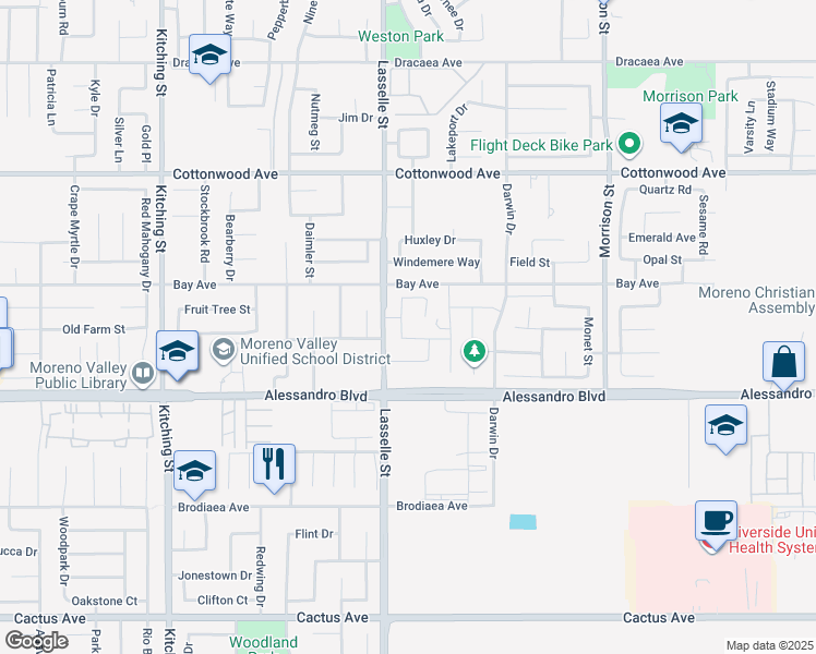 map of restaurants, bars, coffee shops, grocery stores, and more near 13838 Solara Street in Moreno Valley