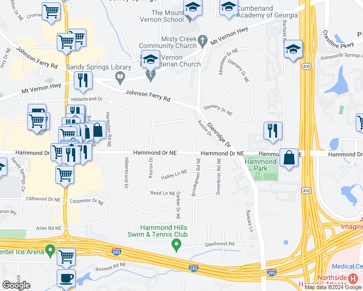 map of restaurants, bars, coffee shops, grocery stores, and more near 564 Hammond Drive in Atlanta