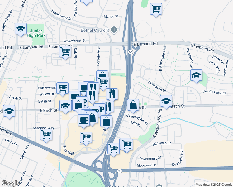 map of restaurants, bars, coffee shops, grocery stores, and more near 140 South State College Boulevard in Brea