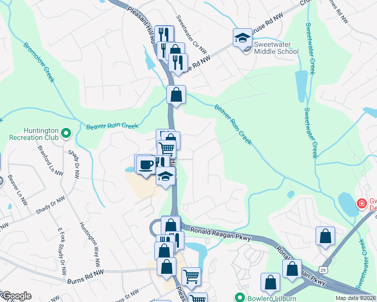 map of restaurants, bars, coffee shops, grocery stores, and more near 723 Rebecca St NW in Lilburn