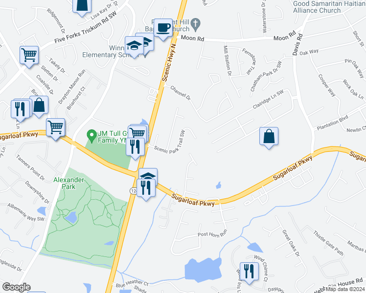 map of restaurants, bars, coffee shops, grocery stores, and more near 1126 Scenic Park Trail Southwest in Lawrenceville
